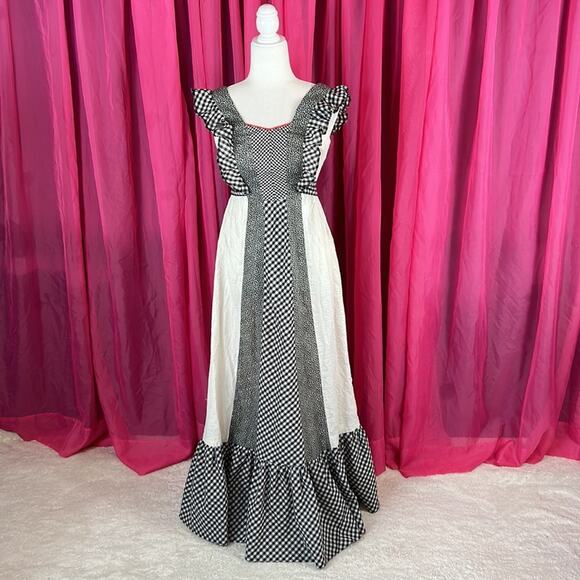 Vintage 70s Unbranded gingham checked ruffled boho prairie maxi dress, size xs - Picture 1 of 7